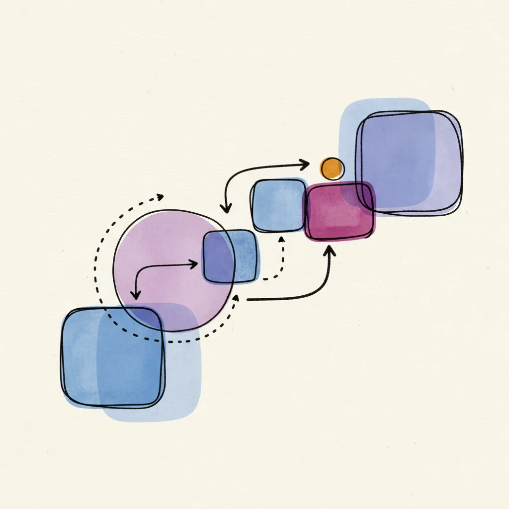Motivo abstracto con tema de juego — bloques y formas de colores en azul y morado, con un suave desenfoque de movimiento.